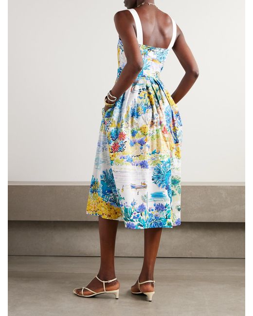 Mary Katrantzou White Iris Pleated Floral-Print Cotton-Poplin Midi Dress