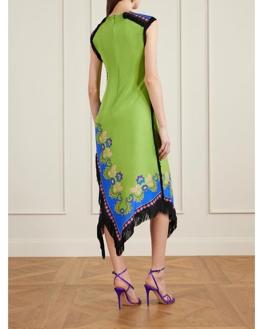 LaDoubleJ Green Fringed Asymmetric Printed Silk Midi Dress