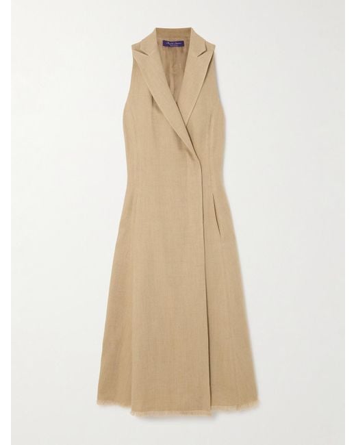Ralph Lauren Natural Alecia Frayed Silk And Linen-Blend Twill Midi Shirt Dress