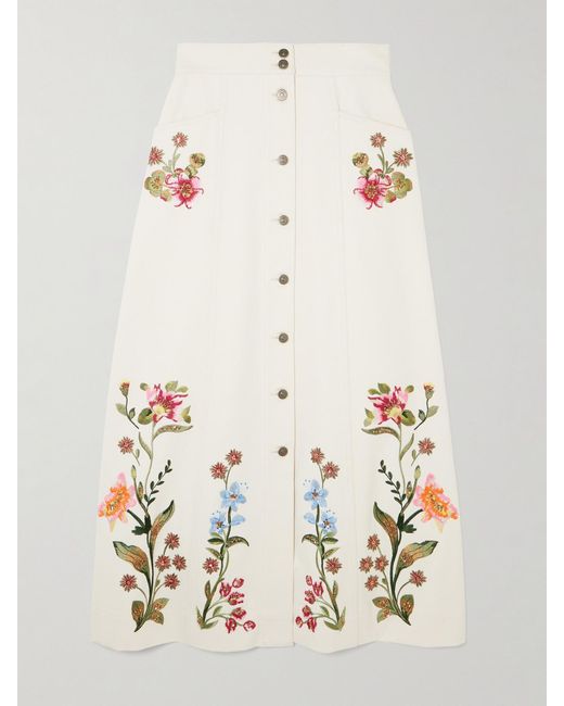 Valentino Garavani Natural Sequin-Embellished Embroidered Denim Maxi Skirt
