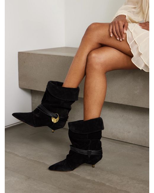 Isabel Marant Black Edrika Slouch Boots Aus Veloursleder Mit Lederbesätzen Und Verzierung