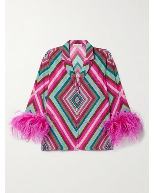 Valentino Garavani Pink Feather-Trimmed Printed Silk Crepe De Chine Shirt