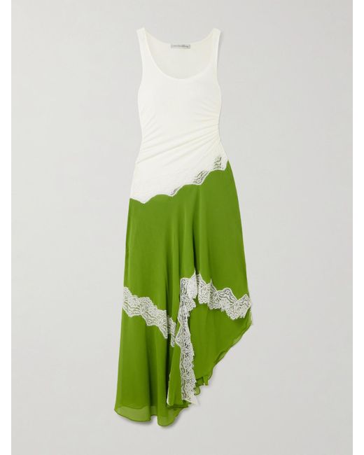 Christopher Esber Green Asymmetrisches Kleid Aus Gerafftem Stretch-Jersey Und Crêpe Mit Spitzenbesätzen