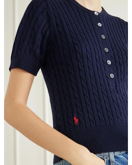 Polo Ralph Lauren Blue Cable-Knit Cotton Henley Sweater
