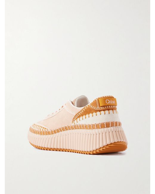 Chloé Natural Nama Embroidered Leather-Trimmed Suede Platform Sneakers