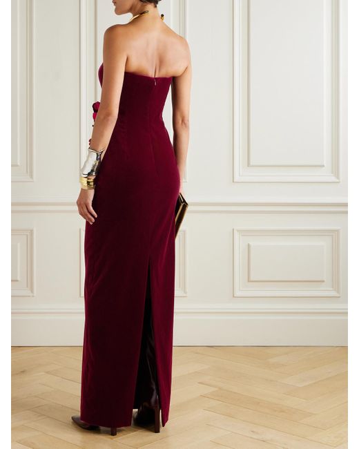 Oscar de la Renta Red Strapless Appliquéd Cotton-Blend Velvet Gown