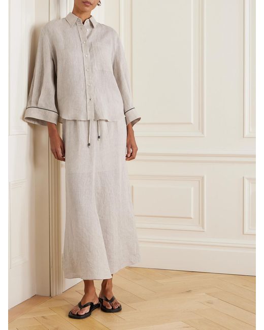 Brunello Cucinelli Natural Bead-Embellished Linen Shirt