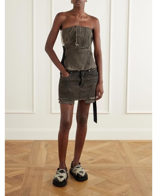 Rick Owens Gray Drkshdw Lana Paneled Frayed Denim Mini Skirt