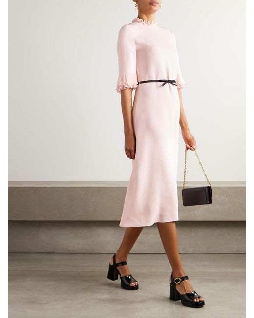 Valentino Garavani Pink Belted Plissé Chiffon-Trimmed Crepe Midi Dress