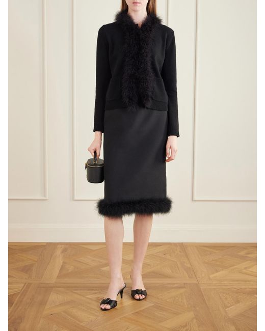 Valentino Garavani Black Feather-Trimmed Wool And Silk-Blend Crepe Midi Skirt