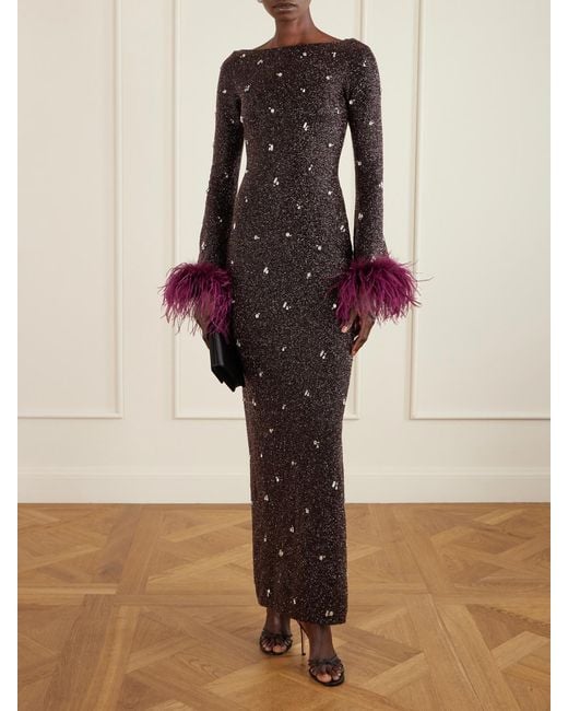 Clio Peppiatt Black Mae Feather-Trimmed Embellished Beaded Tulle Gown