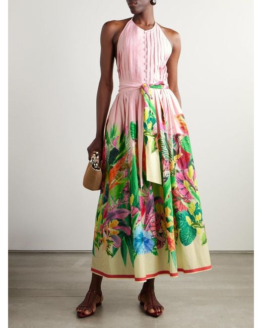 Loretta Caponi White Patmos Belted Floral-Print Cotton-Poplin Halterneck Maxi Dress