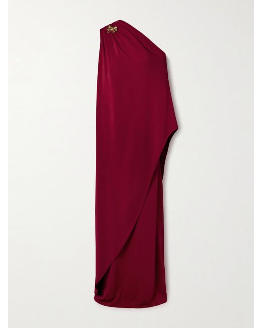Oscar de la Renta Red One-Shoulder Embellished Draped Cady Gown