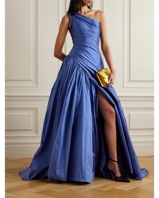 Marmar Halim Blue Asymmetrische Robe Aus Taft Mit Raffungen