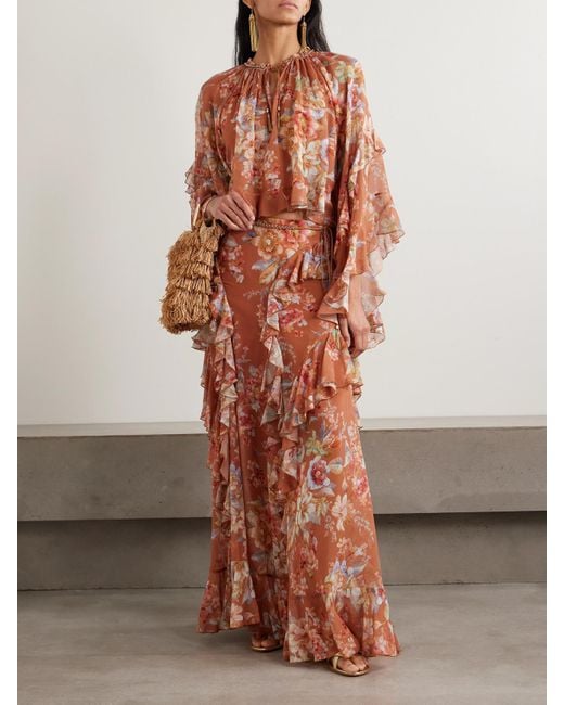 Zimmermann Brown Awaken Ruffled Floral-Print Cotton And Silk-Blend Crepe De Chine Blouse