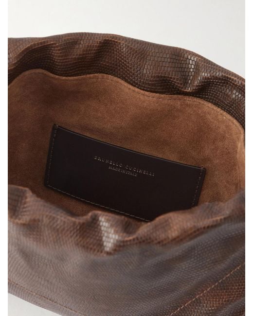 Brunello Cucinelli Brown Monili-Embellished Lizard-Effect Leather Shoulder Bag