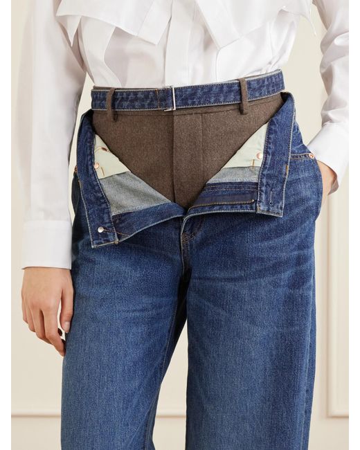 Sacai Blue Wide-Leg Denim And Wool-Flannel Pants
