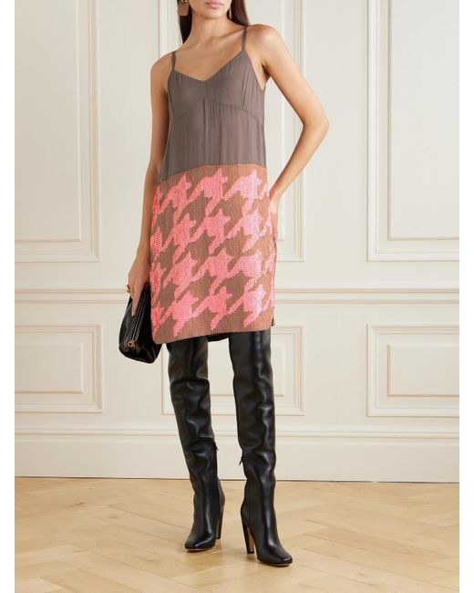 Dries Van Noten Brown Sequin-Embellished Houndstooth Crepe De Chine Midi Dress