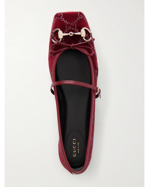 Gucci Red Horsebit Ballerina Leather-Trimmed Crystal-Embellished Velvet Flats