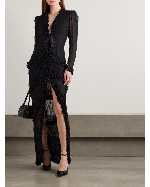 Alessandra Rich Black Ruffled Crepe-Trimmed Embroidered Point D'Esprit Gown