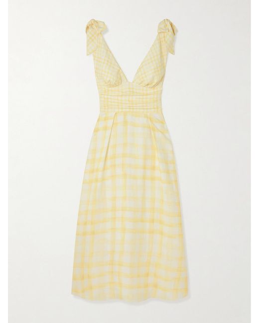 Rosie Assoulin Yellow Bow-Detailed Checked Lyocell And Linen-Blend Midi Dress