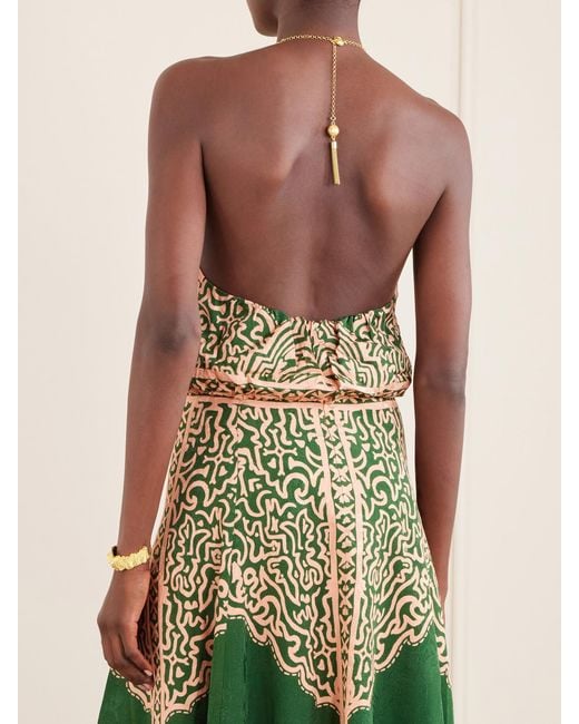 Johanna Ortiz Green Southern Reverie Bow-Detailed Embellished Satin-Jacquard Top