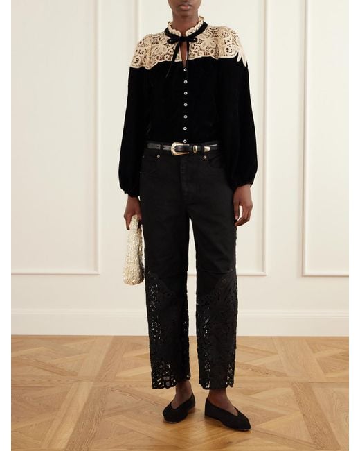 Sea Black Shiloh Bow-Detailed Embroidered Velvet Blouse