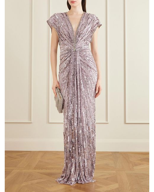 Jenny Packham Pink Zola Twisted Crystal-Embellished Sequined Tulle Gown