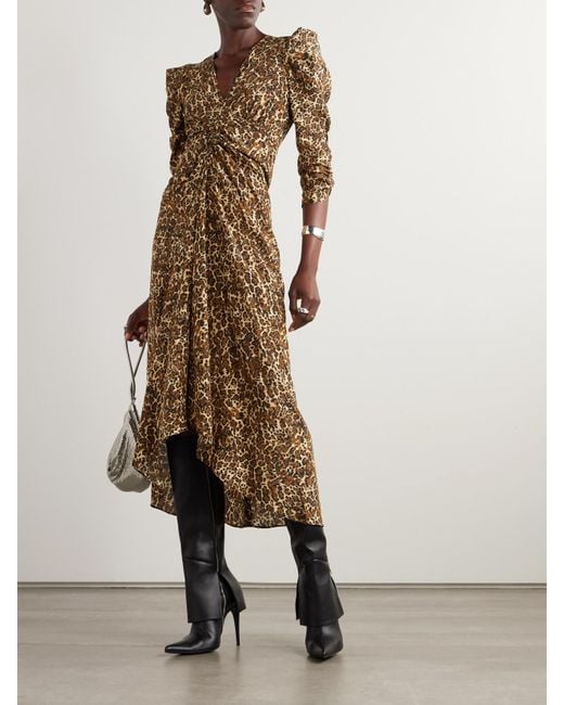 Isabel Marant Metallic Albini Gathered Leopard-Print Silk-Blend Midi Dress