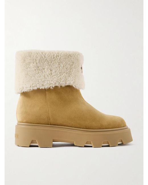 Moncler Natural Aurea Appliquéd Shearling-Trimmed Suede Ankle Boots