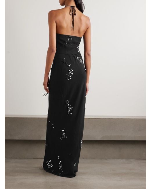 BERNADETTE Black Jolene Embellished Stretch-Crepe Halterneck Gown