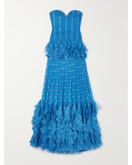 Valentino Garavani Blue Strapless Pleated Ruffled Polka-Dot Silk-Chiffon Gown