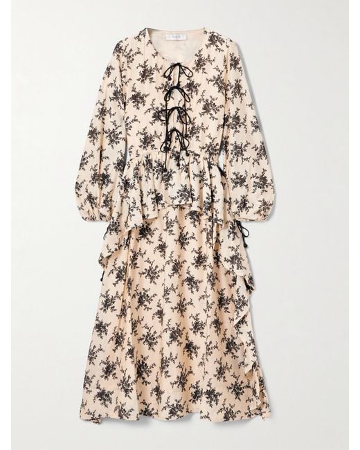 Sea Natural Joan Tie-Detailed Ruffled Floral-Print Voile Midi Dress