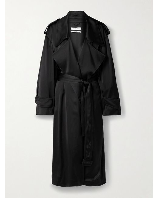 Another Tomorrow Black Belted Duchesse-Satin Trench Coat