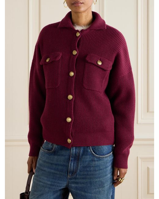 Brunello Cucinelli Purple Cardigan Aus Einer Gerippten Mischung Aus Wolle, Kaschmir Und Seide