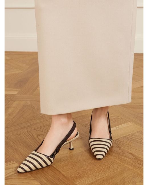 Manolo Blahnik Natural Pelas 50 Leather-Trimmed Canvas Slingback Pumps