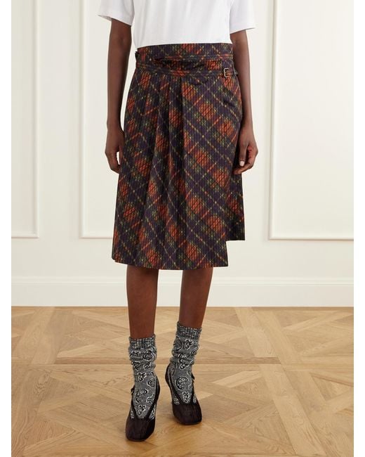 Dries Van Noten Multicolor Checked Pleated Cotton Midi Skirt