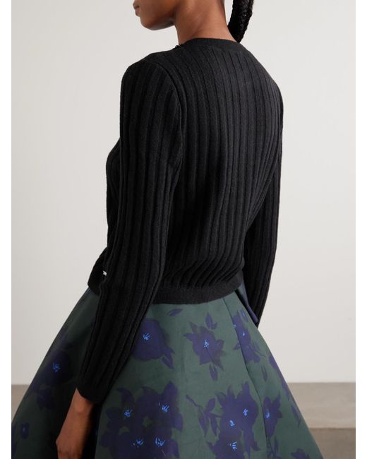 ShuShu/Tong Black Embellished Embroidered Ribbed Wool-Blend Cardigan
