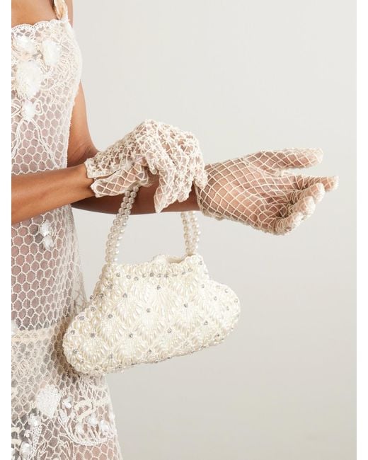 Clio Peppiatt Natural Pearl-Like Embellished Embroidered Tulle Gloves
