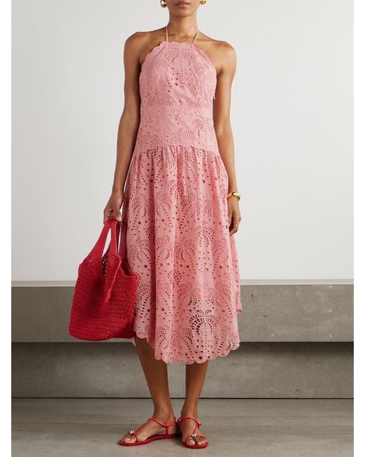 Farm Rio Pink Palm Tree Scalloped Broderie Anglaise Cotton Midi Dress