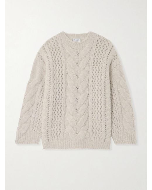 Brunello Cucinelli White Zopfstrickpullover Aus Einer Alpakawollmischung