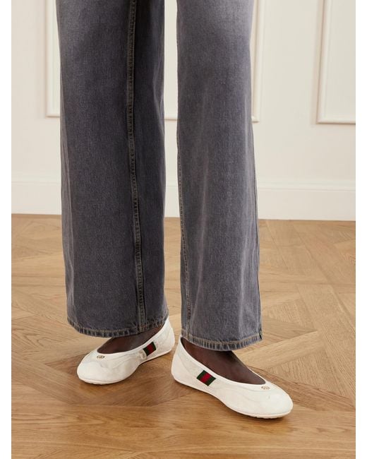 Gucci Natural Shift Webbing-Trimmed Canvas-Jacquard And Suede Ballet Flats