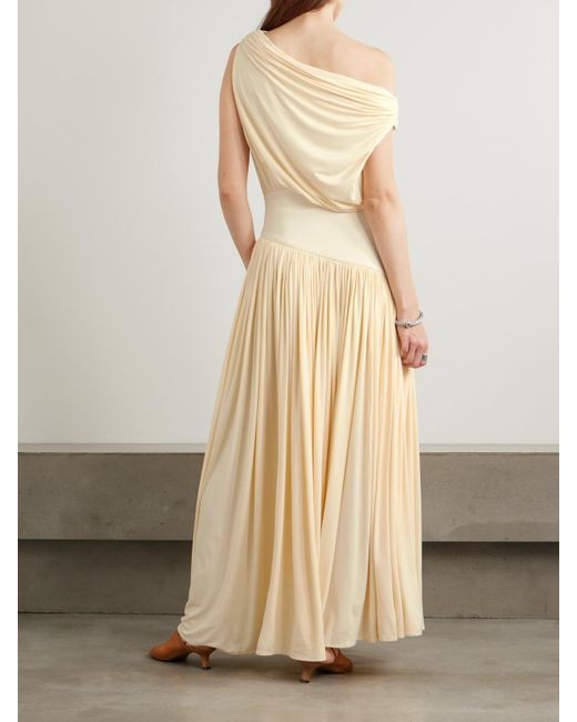 Abadia Natural Gwen One-Shoulder Asymmetric Draped Jersey-Trimmed Stretch-Bamboo Maxi Dress