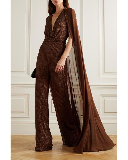 Jenny Packham Cape-effect Embellished Tulle Jumpsuit in Brown | Lyst