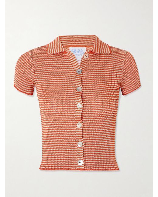 Calle Del Mar Orange Cropped Striped Ribbed-Knit Cardigan