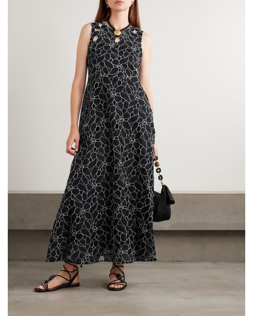 Ulla Johnson Black Kiana Cutout Embroidered Cotton-Organdy Midi Dress