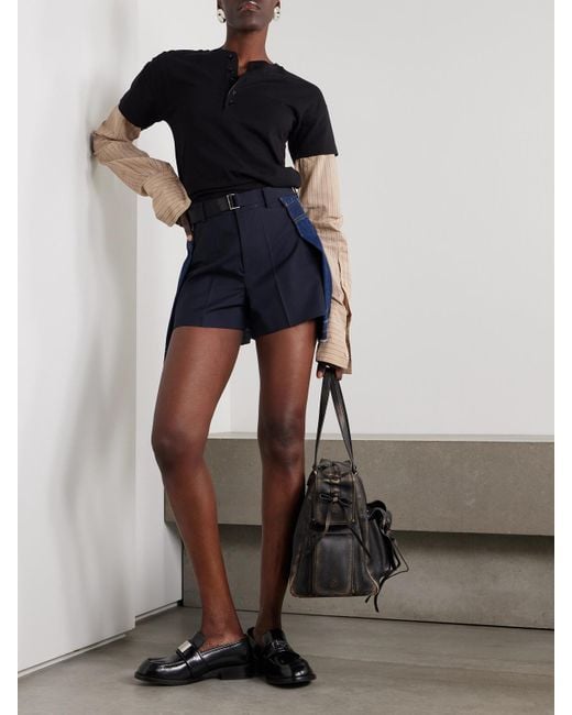 Sacai Blue Shorts Aus Denim Und Shell Mit Falten Und Gürtel