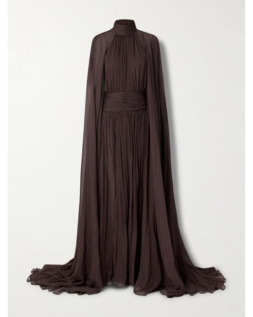 Oscar de la Renta Brown Embellished Cape-Effect Gathered Silk-Crepon Gown