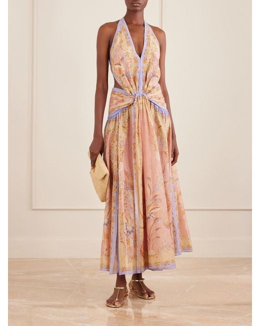 Zimmermann Natural Indra Plunge Printed Metallic Cotton And Silk-Blend Halterneck Maxi Dress
