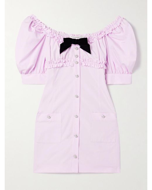 Alessandra Rich Pink Velvet-Trimmed Ruffled Cotton-Poplin Mini Dress